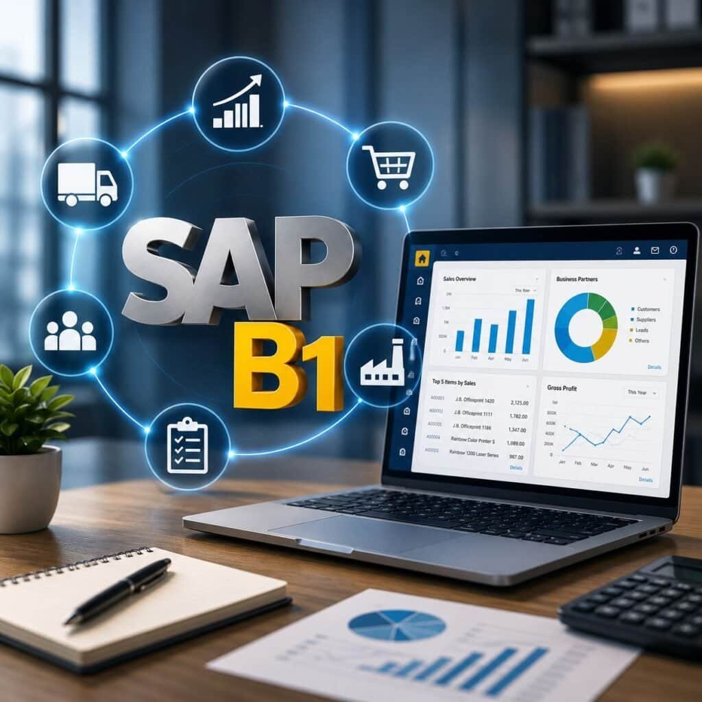 SAP Business One logo with analytics and business icons on a laptop screen.